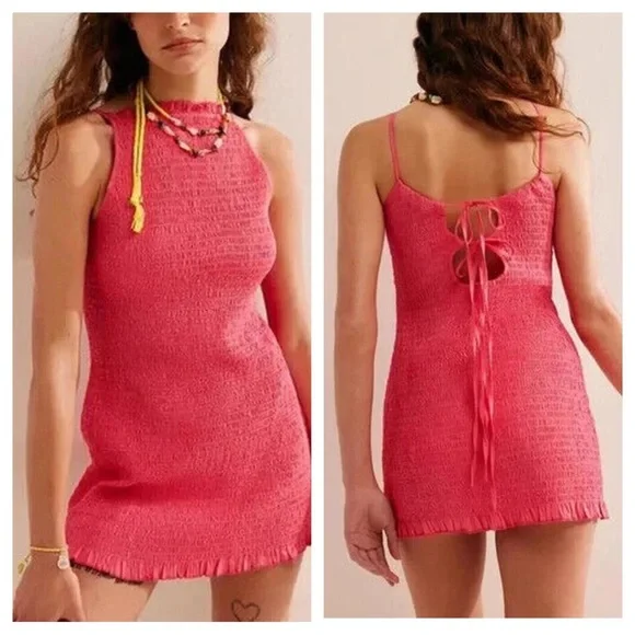 FREE PEOPLE IYLA SMOCKED SLEEVELESS MINI DRESS HOT PINK SP - Picture 3 of 7